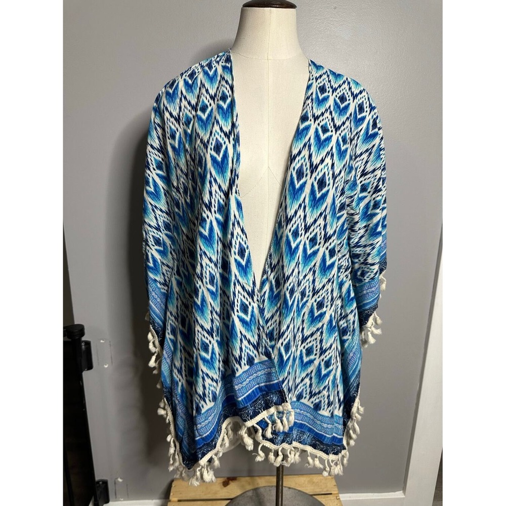 Bobbie Brooks Blue White Ikat Print Tassel Trim Kimono Wrap One Size